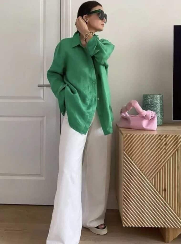 2 Oversized Green Linen Shirt White Wide Leg Trousers Platform Sandals green outfit for christmas linen shirt white trousers sandals
