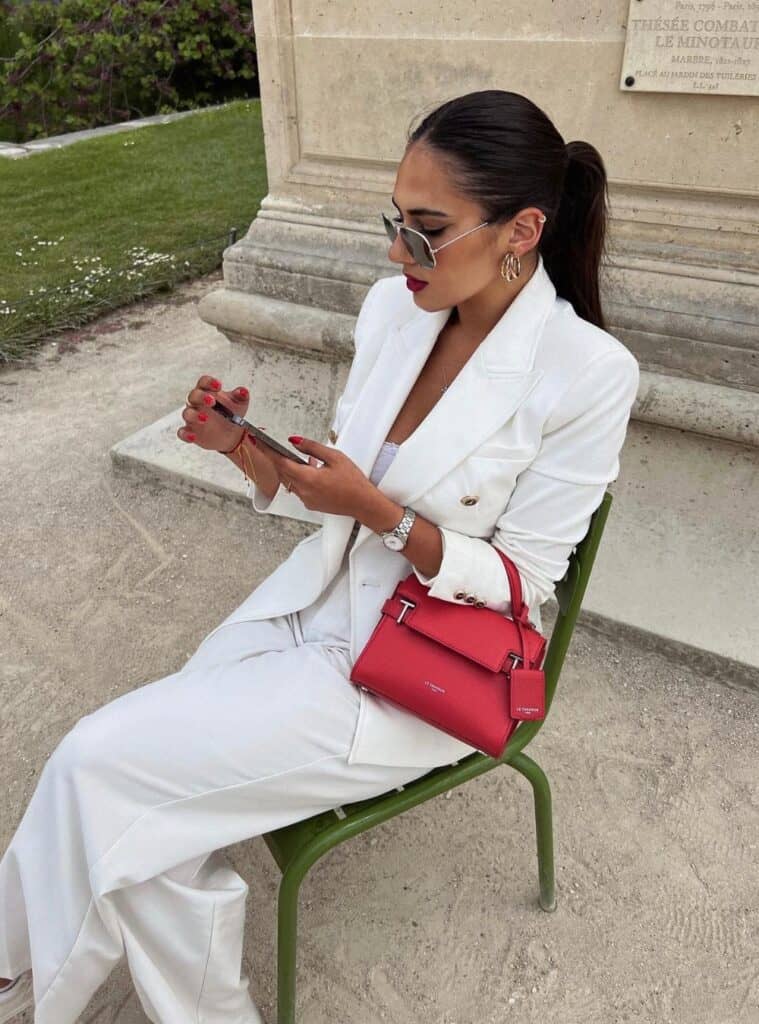 20 White Blazer Suit White Top Red Top Handle Bag White Heels red and white christmas outfit white blazer red bag