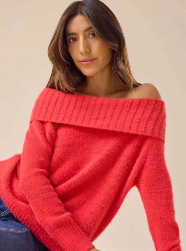 21 Fuzzy Off Shoulder Red Sweater Blue Jeans cute winter christmas outfits off shoulder sweater jeans