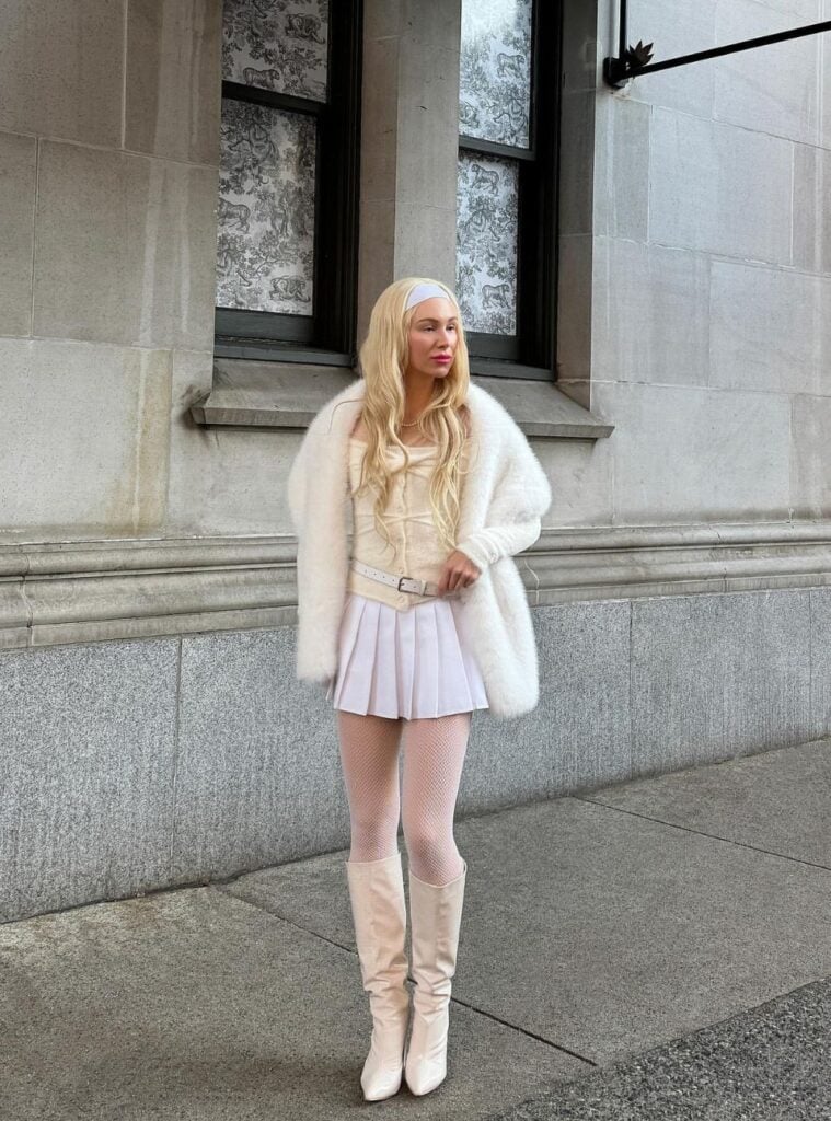 21 Shearling Coat with Black Trim and Quilted Dior Bag white christmas theme outfit shearling coat dior bag