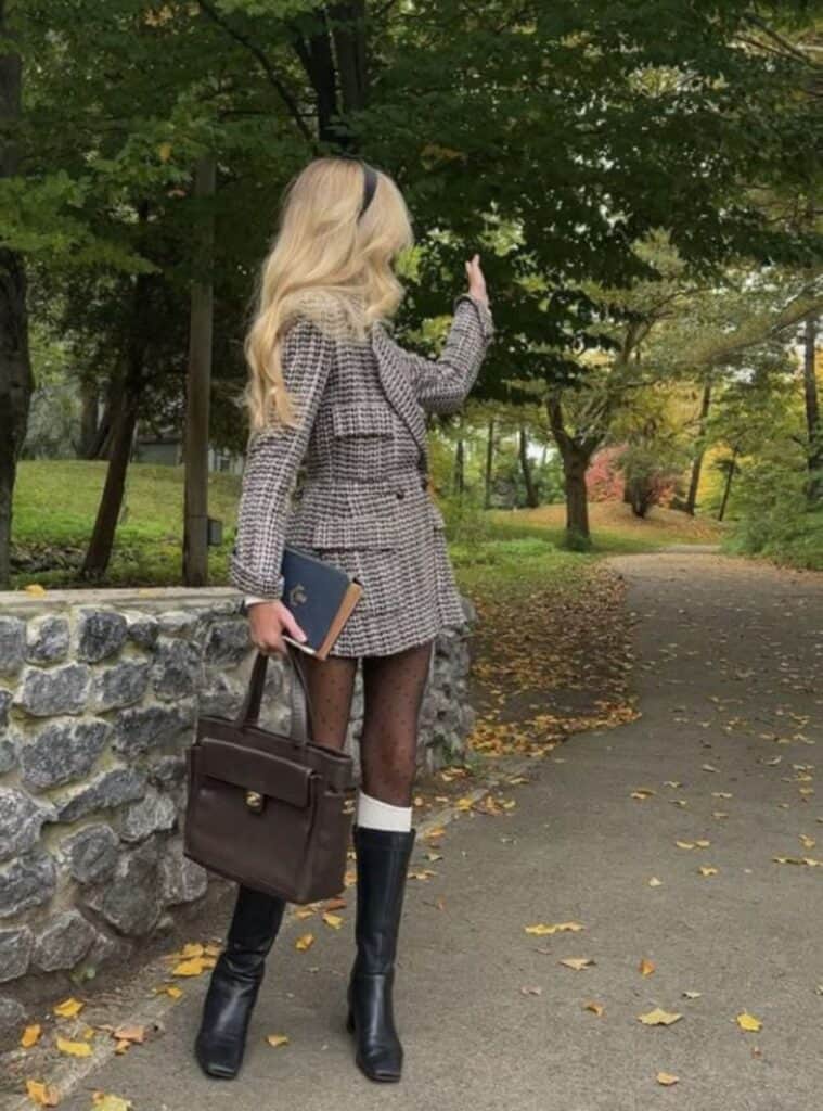 21 Tweed Jacket and Skirt Set Polka Dot Tights Black Knee High Boots Dark Brown Tote Bag christmas outfit for church tweed jacket skirt polka tights