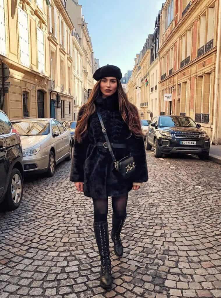 22 Black Faux Fur Coat Black Beret Black Lace Up Boots Black Crossbody Bag christmas inspo outfit faux fur coat beret lace-up boots