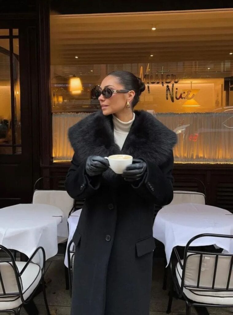 22 Black Wool Coat with Faux Fur Collar Cream Turtleneck Black Leather Gloves 1 cute nye outfits wool coat fur collar leather gloves