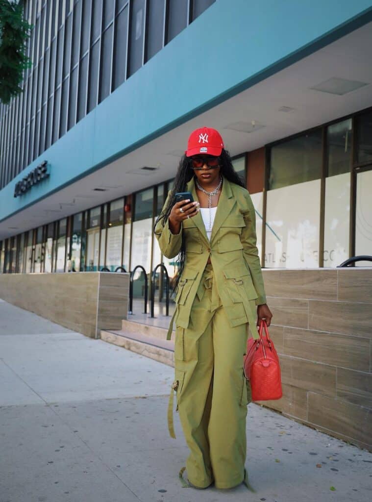 22 Olive Green Utility Set White Crop Top Red Baseball Cap Red Bag green outfit for christmas utility set crop top red bag