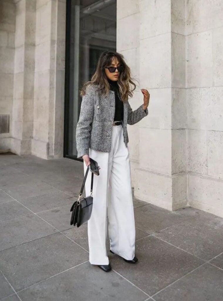 23 Black and White Tweed Jacket Black Turtleneck White Wide Leg Trousers Black Flats 1 nye outfits winter tweed jacket white trousers flats