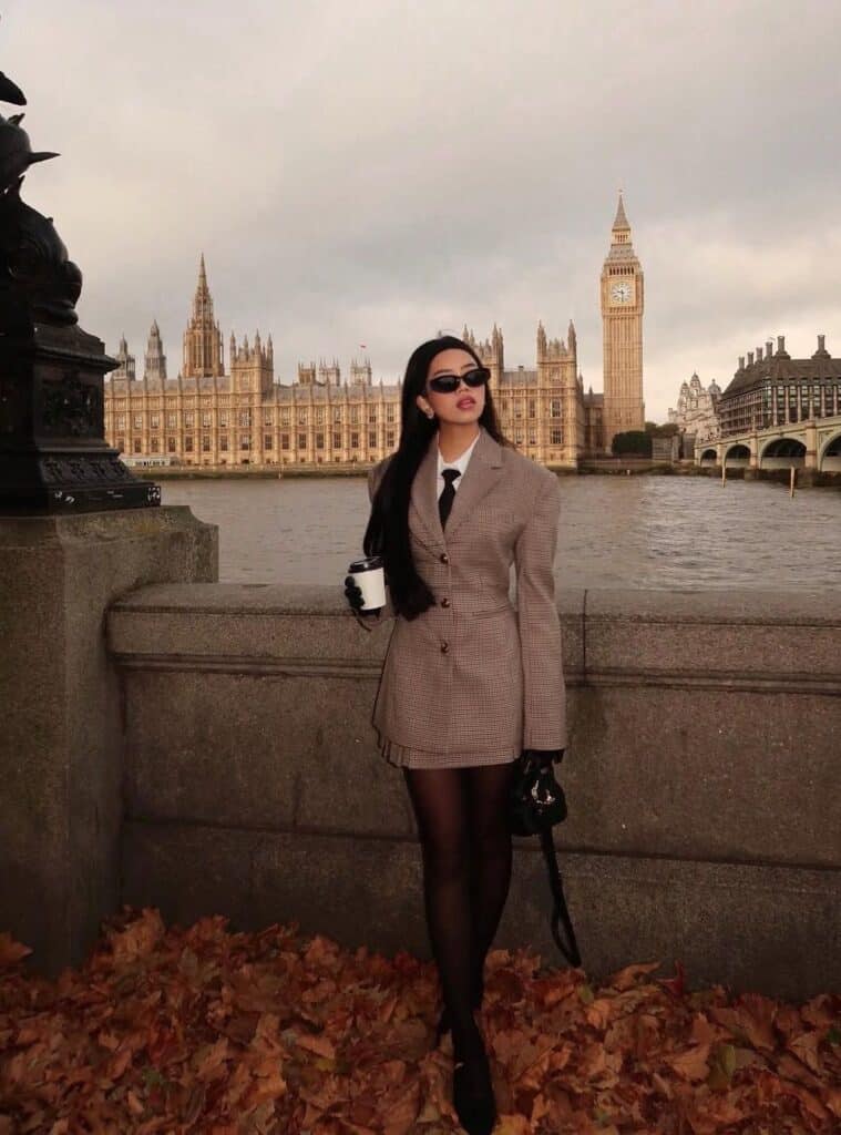 23 Brown Plaid Suit Dress White Shirt Black Tie Black Tights Mary Jane Heels christmas eve church outfit plaid suit dress tie tights