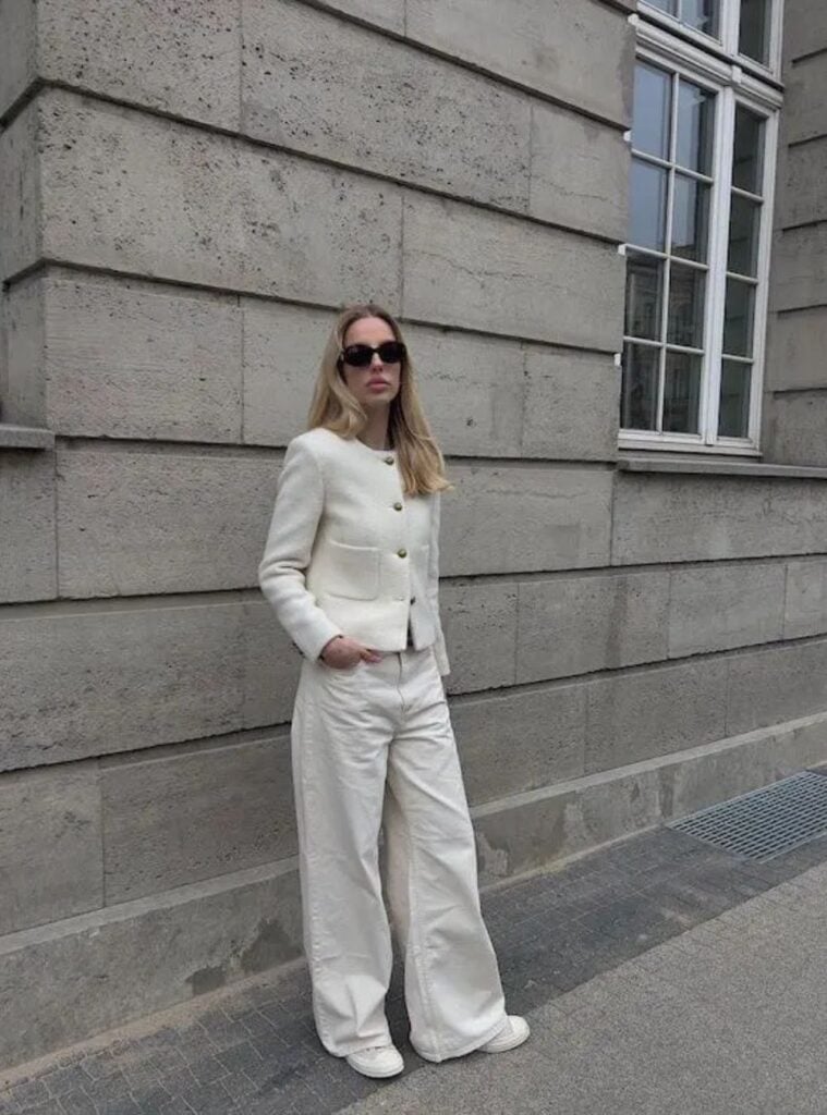 24 Cream Tweed Jacket White Wide Leg Jeans White Sneakers Black Sunglasses 1 winter fashion ideas cream tweed jacket white jeans sneakers