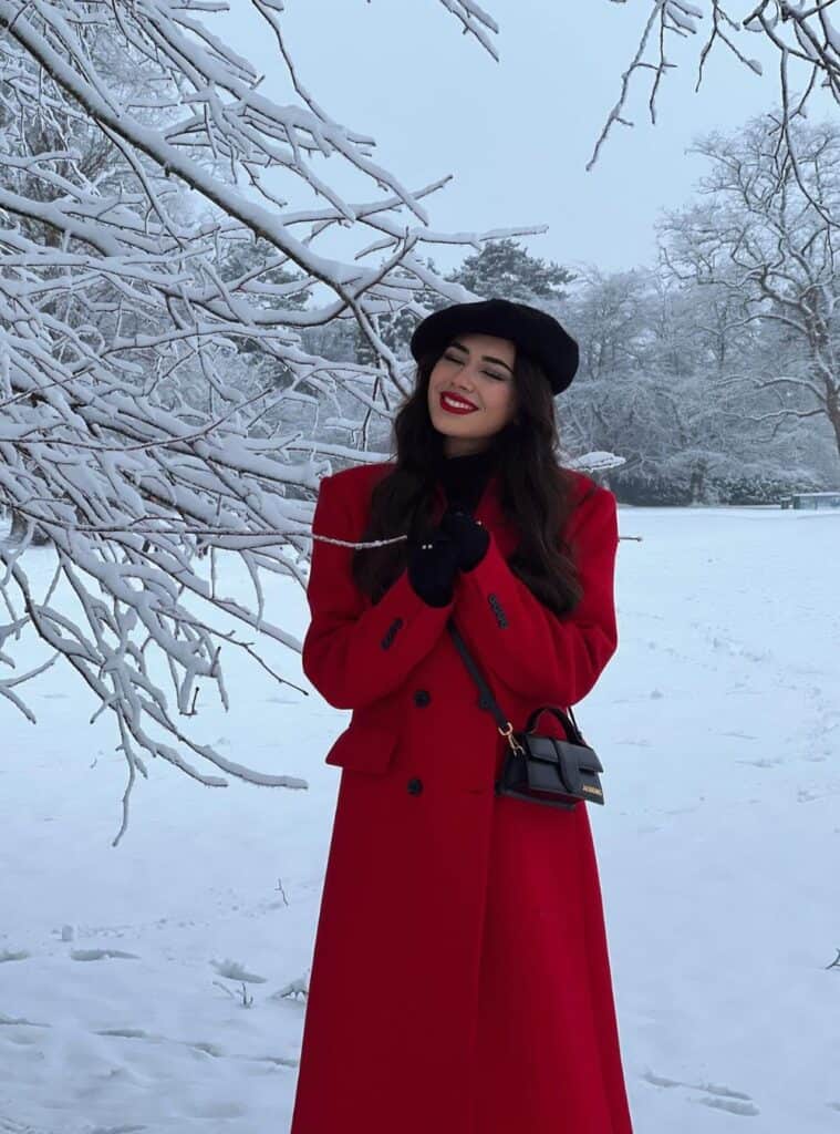 24 Red Long Coat Black Turtleneck Beret Black Crossbody Bag red sweater winter outfit long coat turtleneck beret