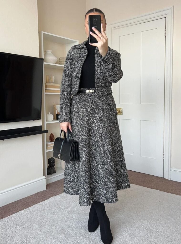 3 Black and White Tweed Jacket Matching Midi Skirt Black Turtleneck Black Ankle Boots christmas inspo outfit tweed jacket midi skirt black boots