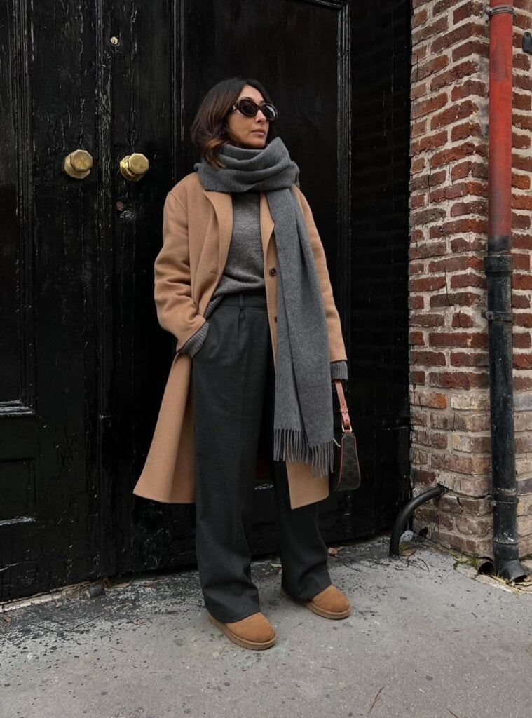 3 Camel Coat Gray Scarf Gray Sweater Gray Wide Leg Trousers Tan Uggs office outfit for women camel coat gray sweater trousers
