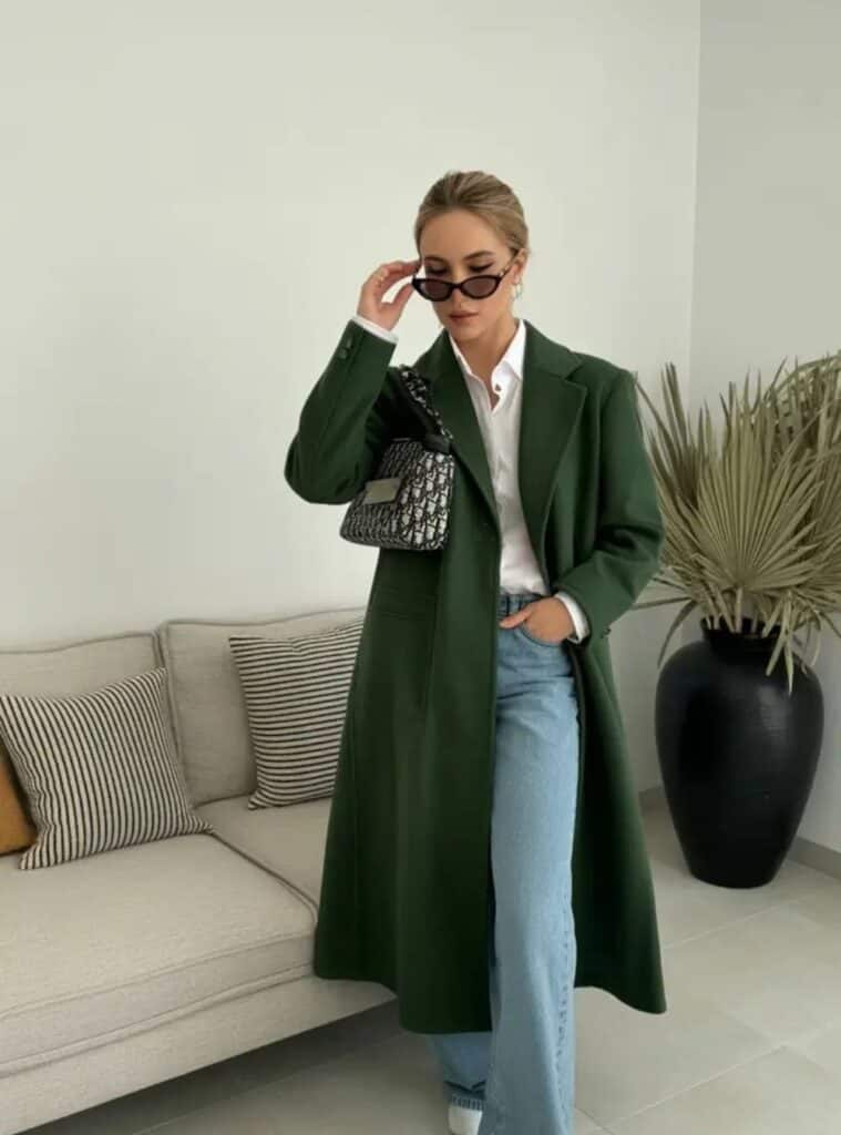 3 Long Green Wool Coat White Button Down Shirt Wide Leg Jeans red and green christmas outfit wool coat wide jeans