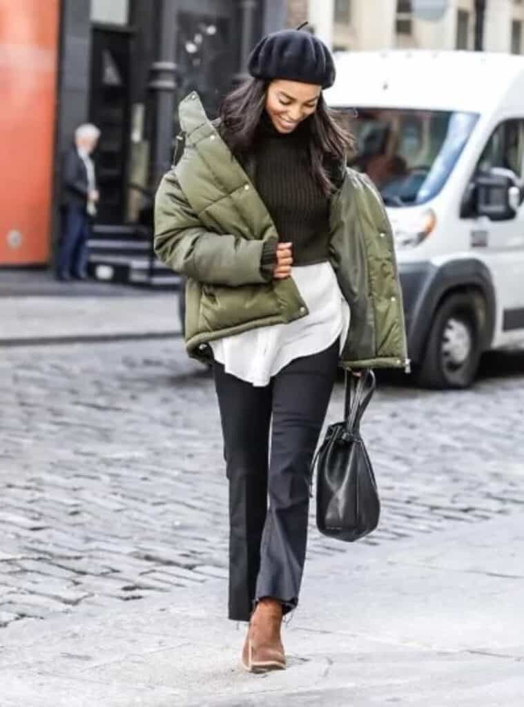 3 Olive Puffer Jacket Black Cropped Sweater and Black Slit Hem Pants winter green outfits olive puffer black cropped sweater slit pants