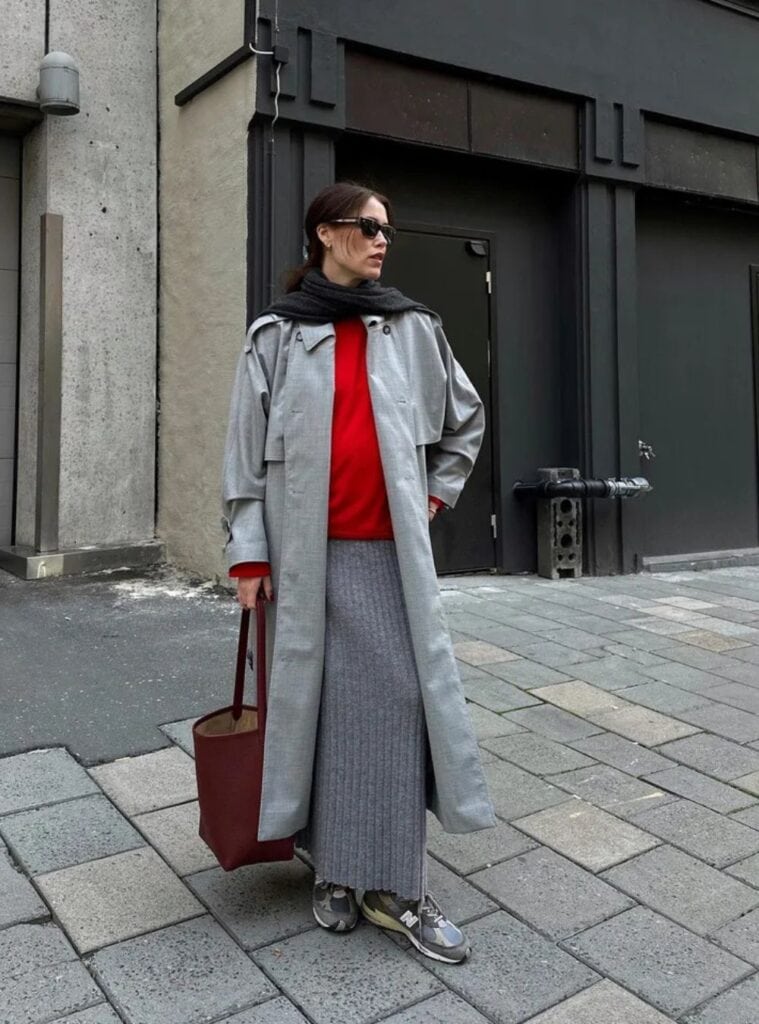 4 Gray Long Trench Red Sweater Ribbed Knit Maxi Skirt red christmas sweater outfit gray trench knit skirt