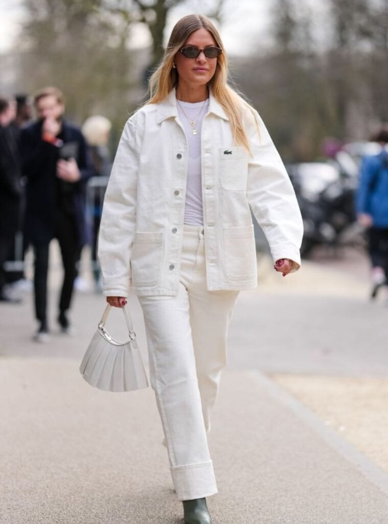 4 White Twill Jacket Cuffed Jeans and Pleated Bag white christmas outfit twill jacket cuffed jeans