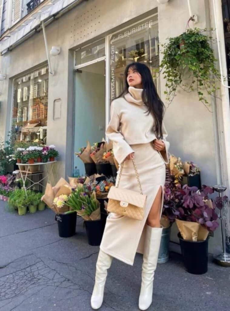 5 Cream Cowl Neck Co Ord Set White High Boots Beige Quilted Bag christmas inspo outfit cream co-ord white boots beige bag