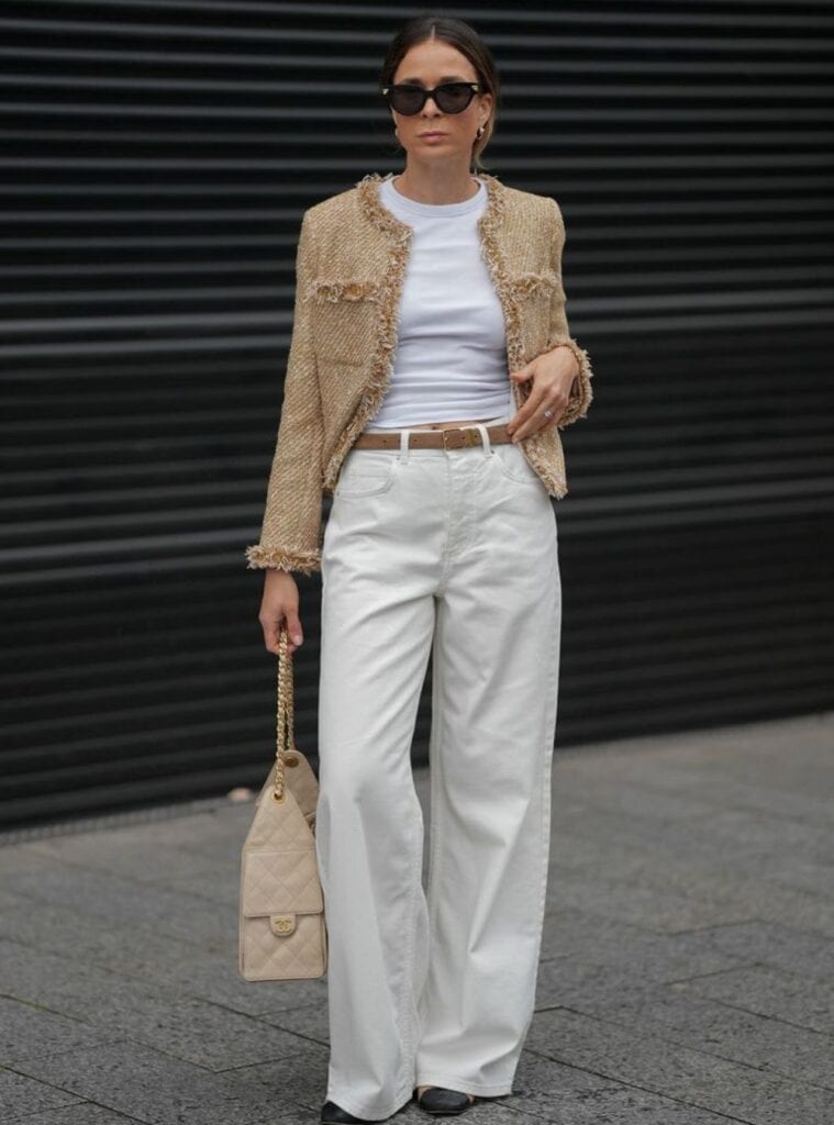 5 Cropped Tweed Jacket Wide Leg White Jeans and Tan Belt white christmas outfit tweed jacket white jeans