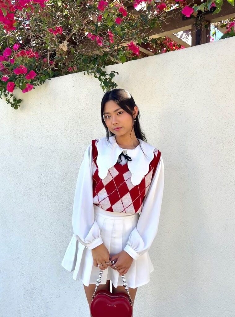 5 White Collared Blouse Argyle Vest White Pleated Mini Skirt cute winter christmas outfits blouse vest mini skirt