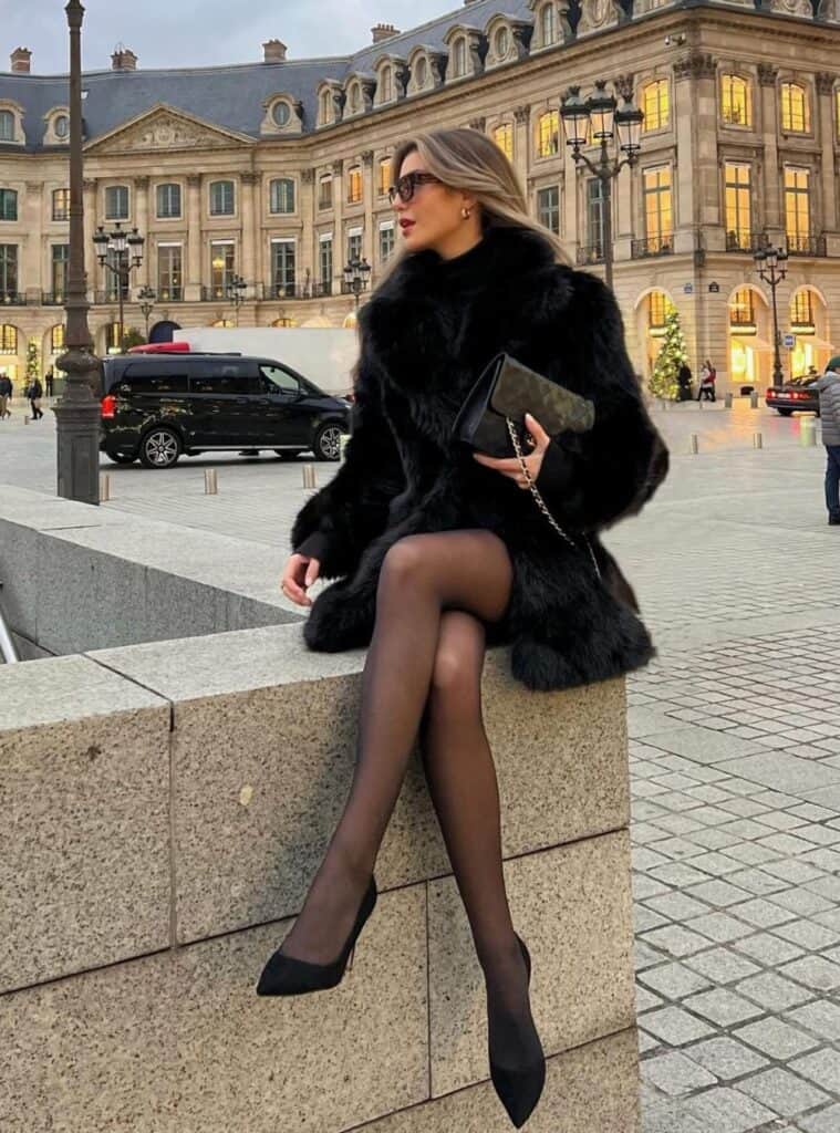 6 Black Faux Fur Coat Black Tights Black Pointed Heels Black Chain Clutch new york fashion winter faux fur coat black heels clutch