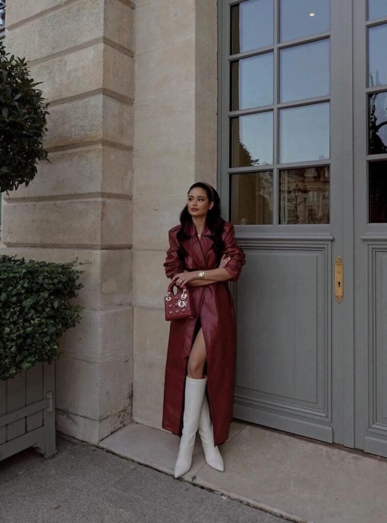 6 Burgundy Leather Trench Coat White Knee High Boots Red Mini Bag red outfit for christmas leather trench coat white boots red bag