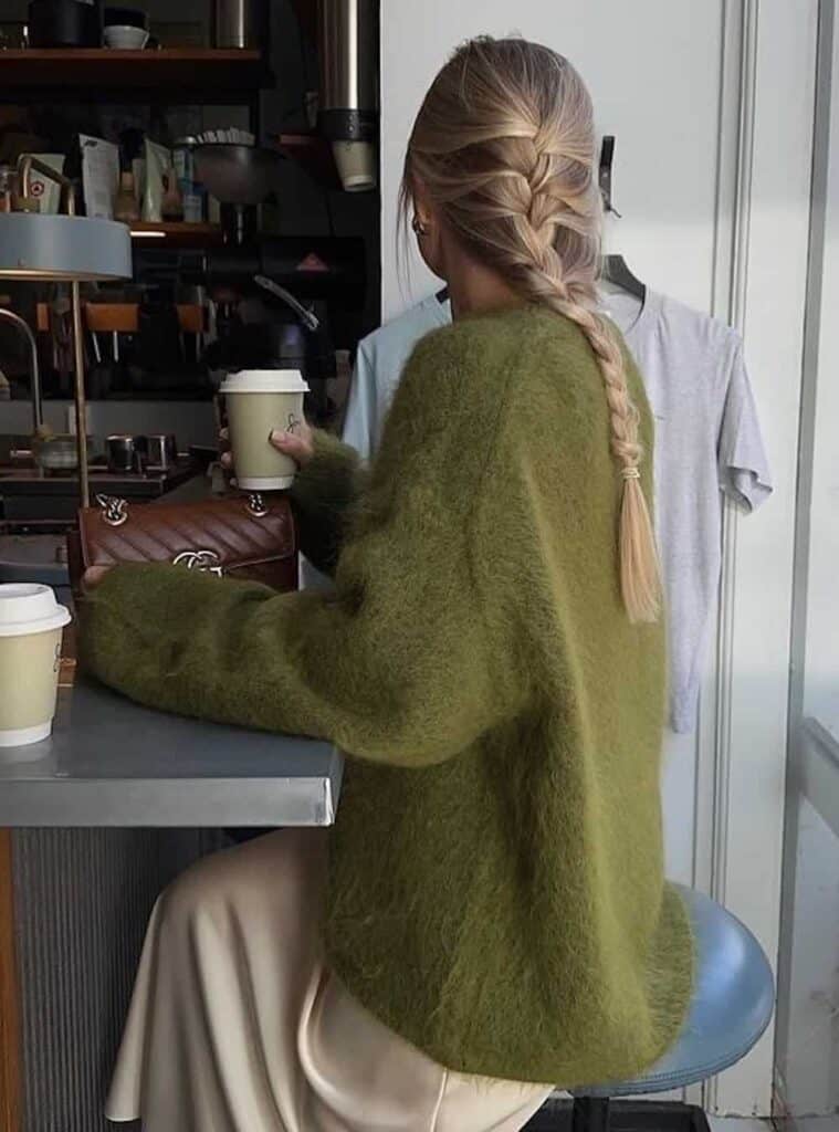 6 Moss Green Oversized Sweater and Champagne Silk Midi Skirt winter green outfits oversized sweater silk midi skirt