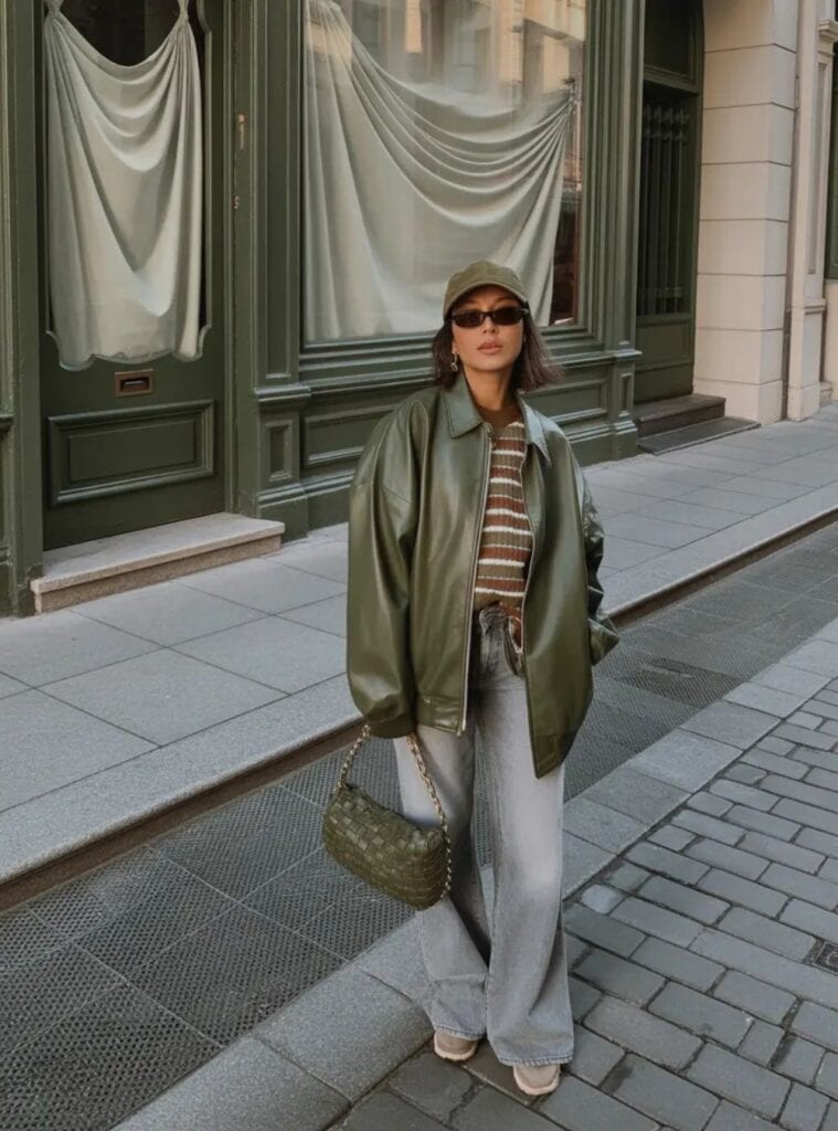 6 Oversized Olive Leather Jacket Striped Knit Top Wide Leg Gray Jeans Green Cap red and green christmas outfit leather jacket striped knit top