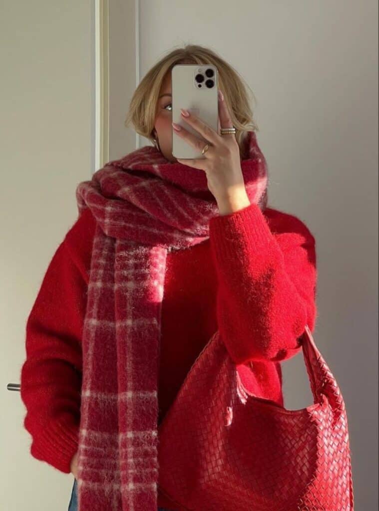 6 Red Fluffy Sweater Red Plaid Scarf Denim Jeans red color outfits fluffy sweater plaid scarf denim jeans