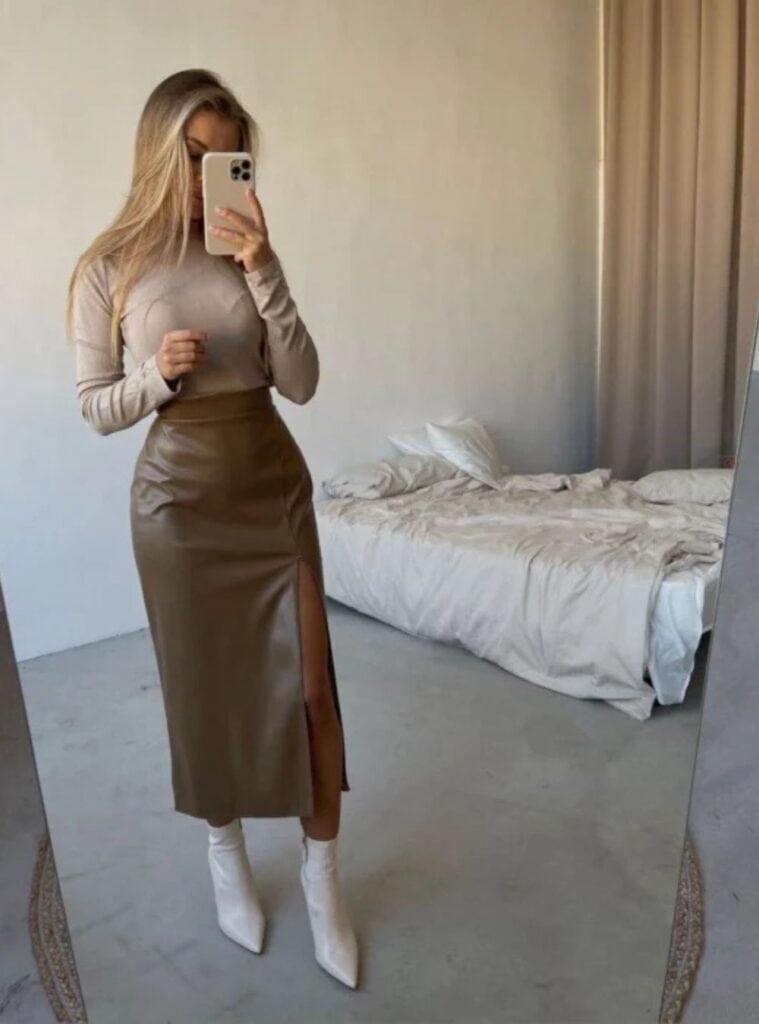 6 Taupe Long Sleeve Top Brown Faux Leather Midi Skirt White Ankle Boots office christmas party outfit for women taupe top leather skirt
