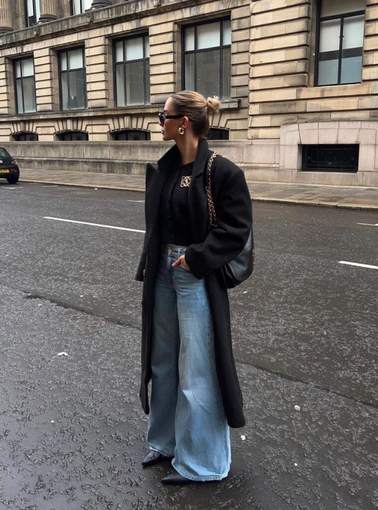 7 Black Long Coat Black Top Light Wash Wide Leg Jeans Black Loafers Flats nye outfits winter long coat jeans black loafers