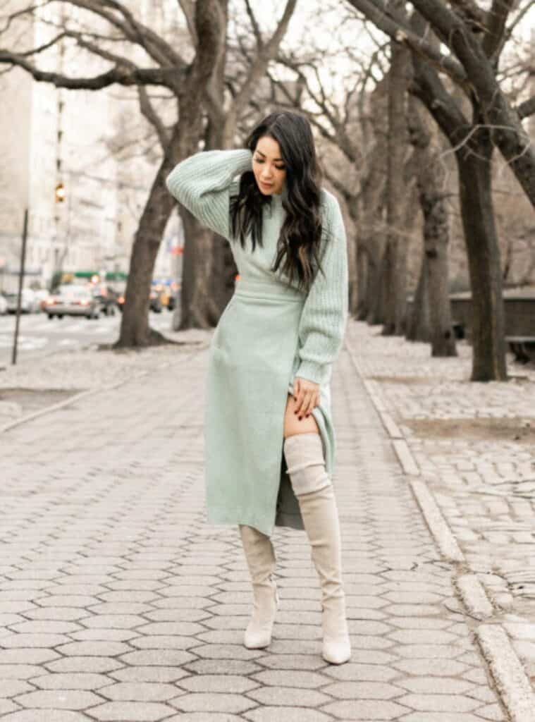 7 Green Knit Sweater Dress and Beige Suede Over the Knee Boots christmas green outfit knit sweater dress suede boots