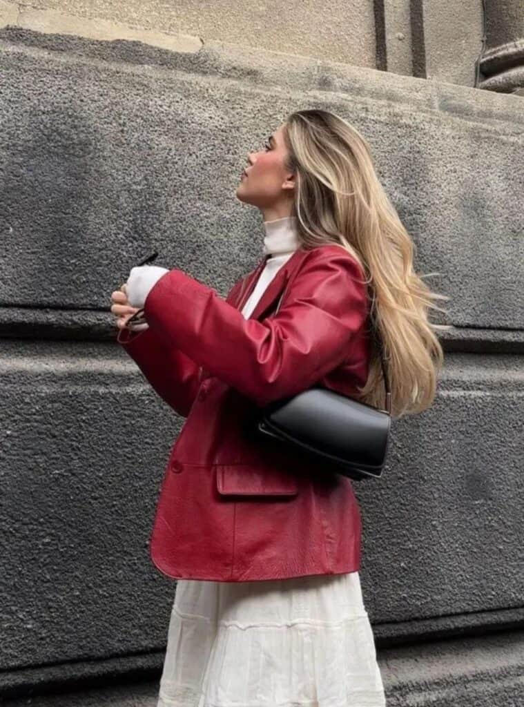 7 Red Leather Blazer White Turtleneck White Pleated Mini Skirt red and white outfit ideas red blazer white turtleneck skirt