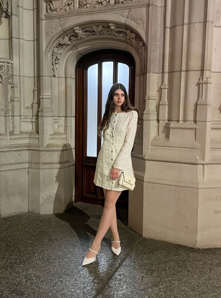 7 Tweed Mini Dress Pearl Strap Heels and Quilted Handbag white christmas outfit tweed mini dress pearl heels
