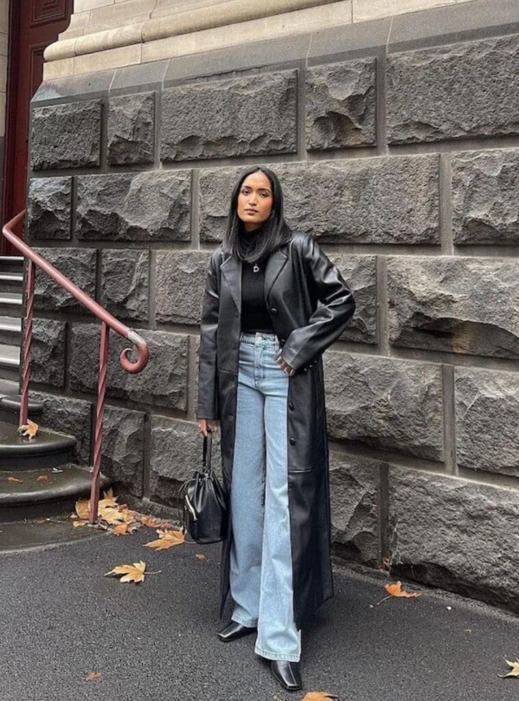 8 Black Faux Leather Trench Coat Black Turtleneck Light Wash Wide Leg Jeans Black Pointed Boots christmas outfit for church leather trench jeans boots