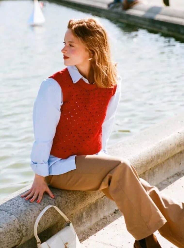 8 Light Blue Button Down Shirt Red Crochet Vest Tailored Khaki Trousers christmas inspo outfit crochet vest khaki trousers