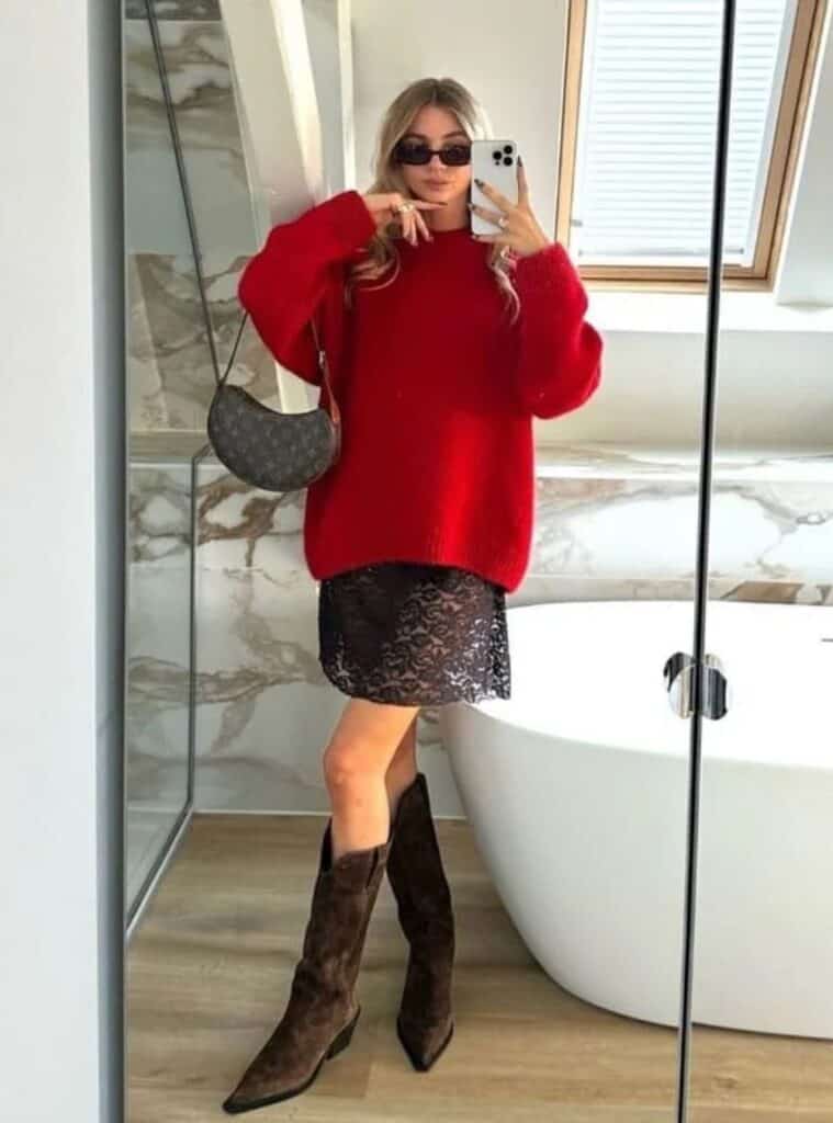 8 Oversized Red Sweater Black Lace Slip Dress Brown Suede Cowboy Boots red sweater winter outfit oversized sweater slip dress