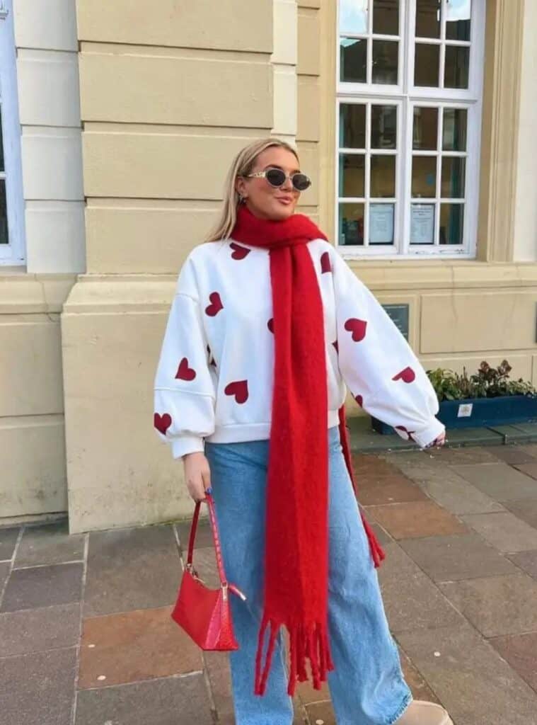 8 White Heart Print Sweatshirt Red Fuzzy Scarf Wide Leg Jeans Platform Boots cute christmas outfit ideas heart sweatshirt red scarf jeans