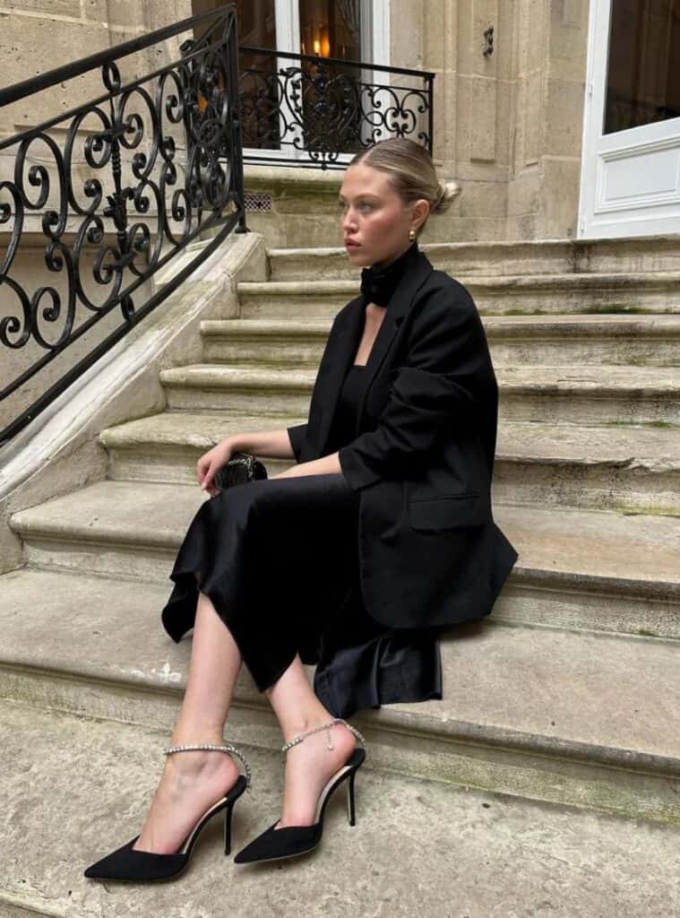 9 Black Blazer Black Slip Dress Black Heels with Ankle Chain office christmas party outfit for women black blazer slip dress