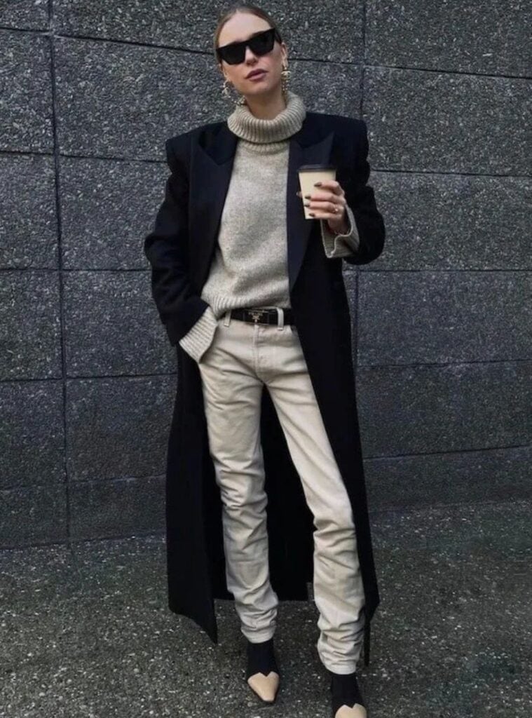 9 Black Long Coat Grey Turtleneck Sweater Cream Skinny Jeans Two Tone Ankle Boots christmas eve church outfit black coat grey sweater jeans