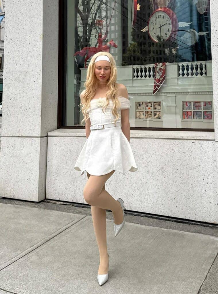 9 Off Shoulder Tulle Mini Dress and Silver Pumps white christmas outfit tulle mini dress silver pumps