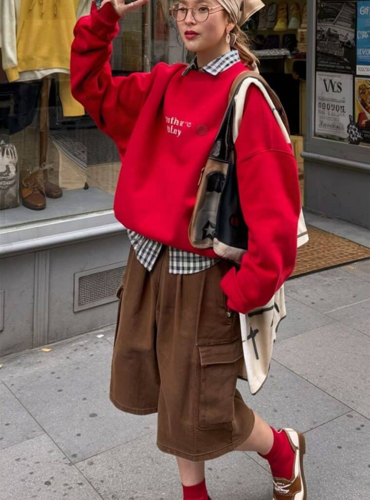 9 Red Sweatshirt Gingham Shirt Brown Corduroy Cargo Shorts Two Tone Loafers cute winter christmas outfits sweatshirt gingham shirt shorts