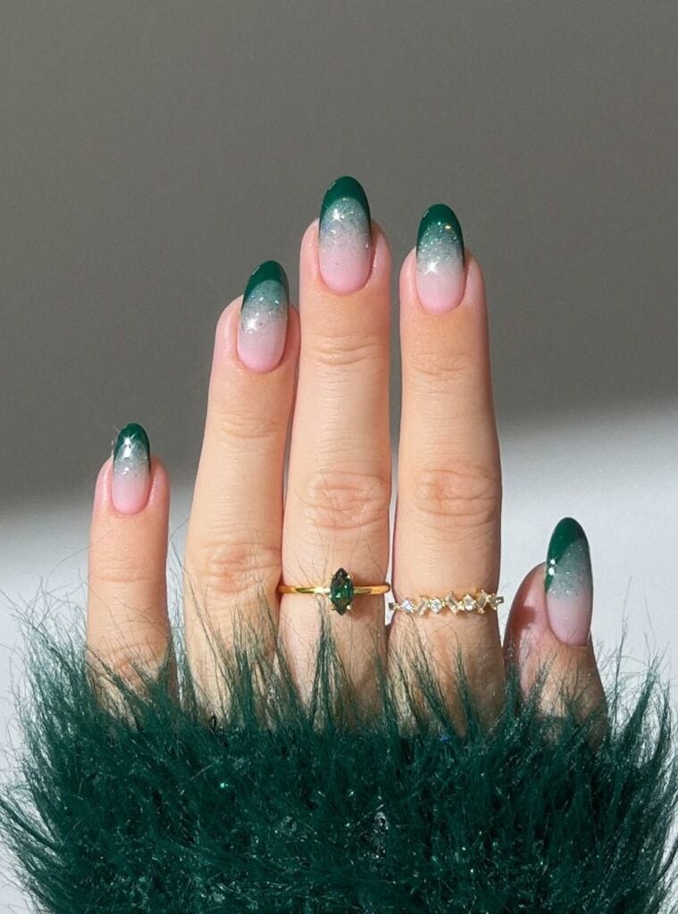 1 Emerald Green Glitter French Ombre elegant emerald green holiday ombre nails with glitter french tips