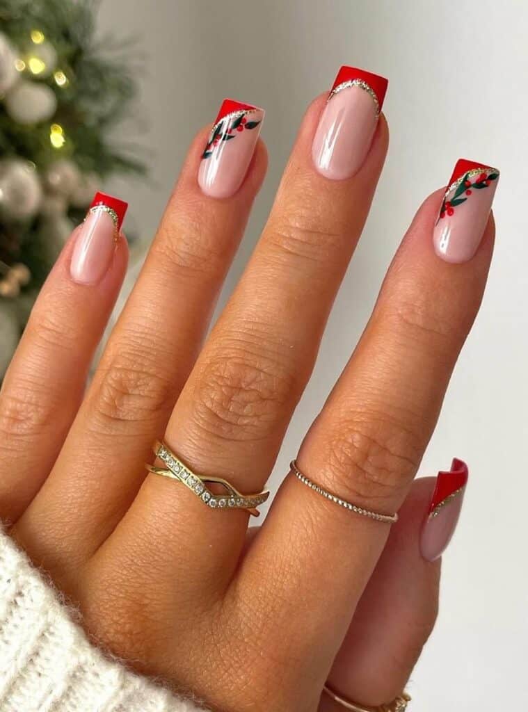 1 Holly Berry Square French Tips classic red and green holiday nails with holly berry accents