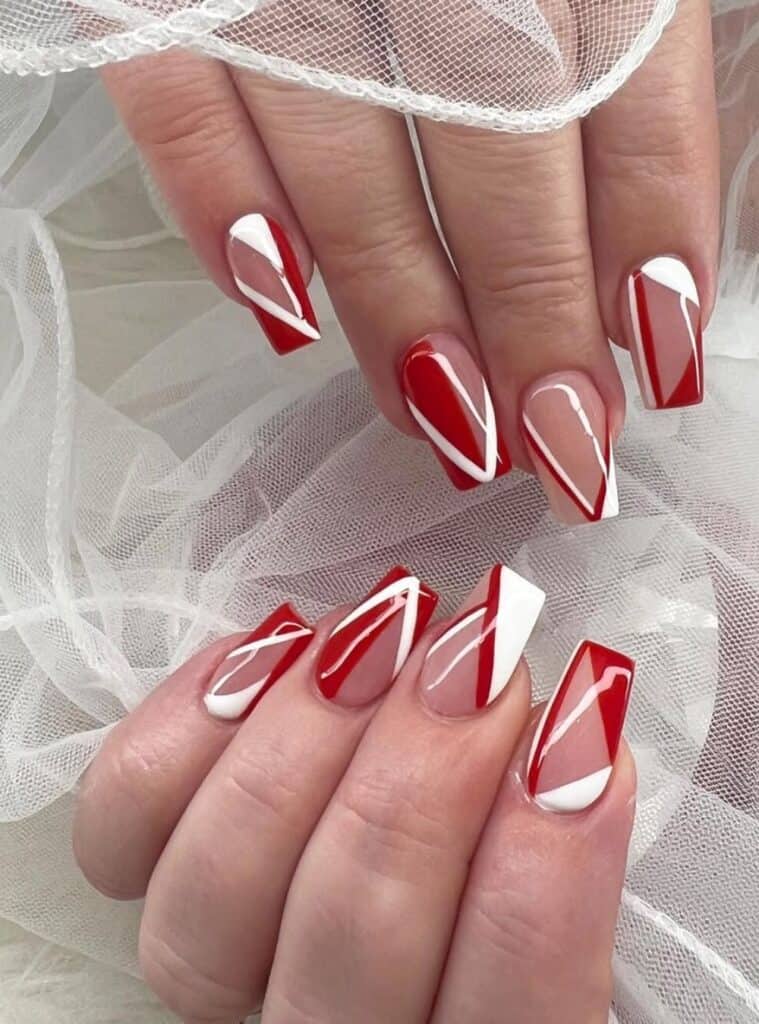 11 Geometric Red White Coffin minimal white and red christmas nails with clean geometric lines