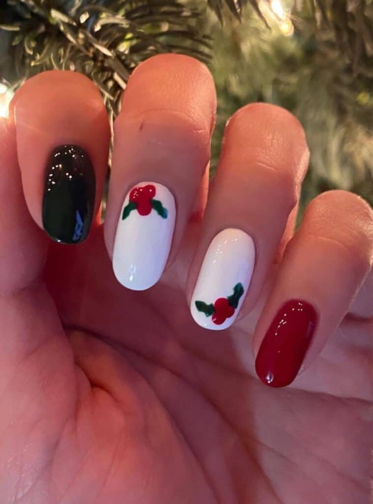 12 Red Green Holly Berry Oval classic white and red christmas nails with green holly accents