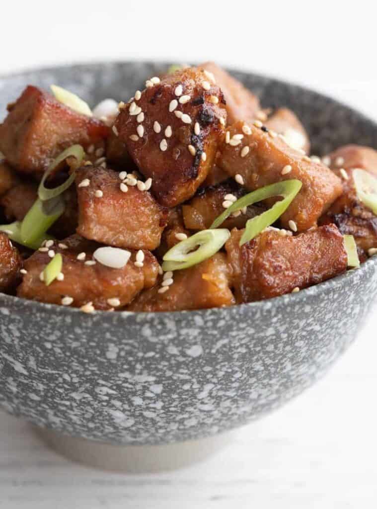 14 Easy Keto Pork Bites – Juicy Crispy crispy pork bites in bowl, keto holiday appetizer