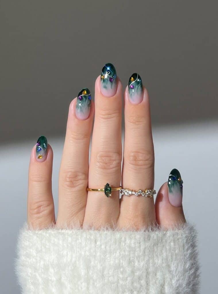 2 Green Glitter Ombre Gem Accents festive green glitter ombre nails with colorful gem accents