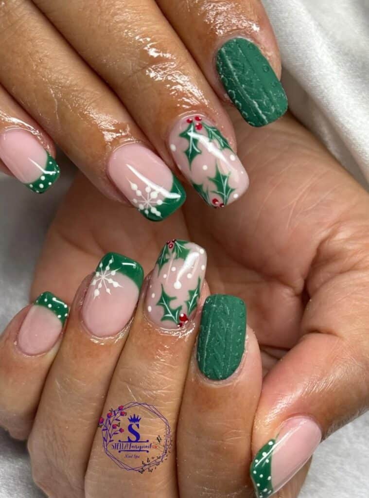 3 Green Holly Cable Knit Square cozy green sweater-inspired nails with holly leaf details