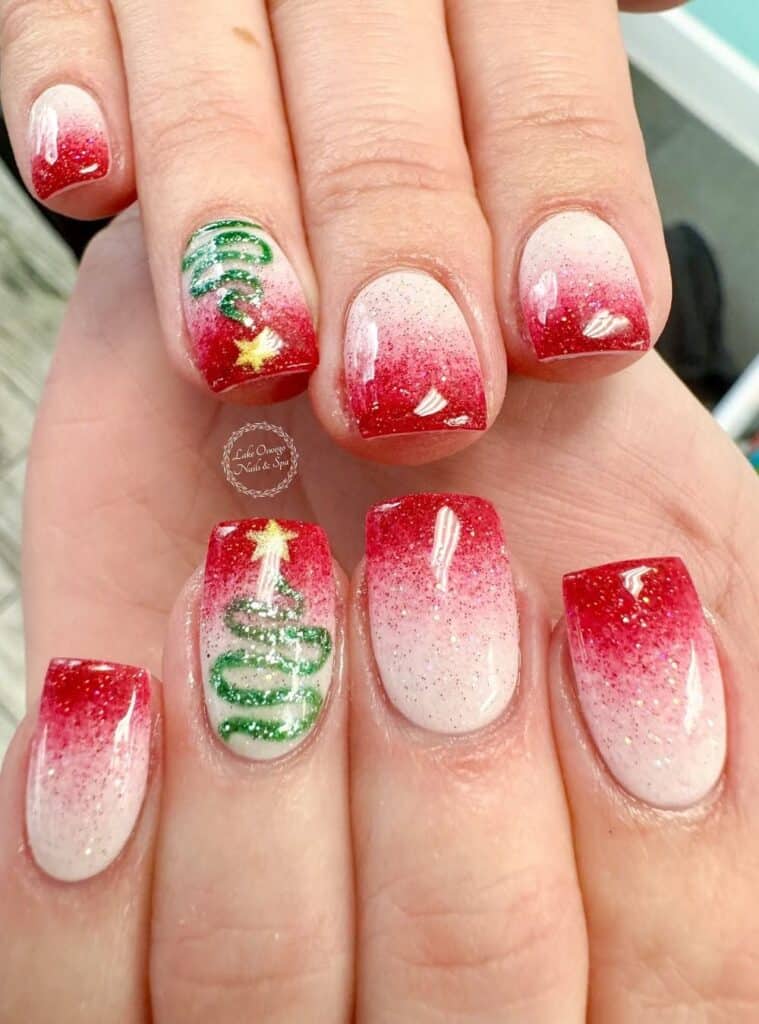 3 Red Glitter Christmas Tree Ombre bright red holiday ombre nails with glitter fade and christmas tree design