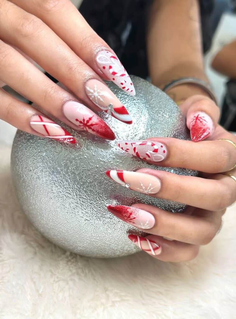 3 Red Snowflake Stiletto Ombre bold white and red christmas nails with ombre and snowflakes