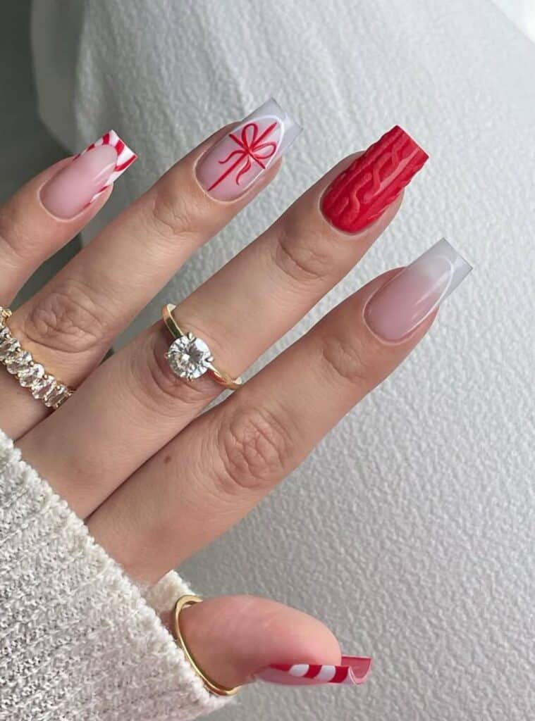 4 Cable Knit Square French Tips cozy white and red christmas nails with cable knit detail