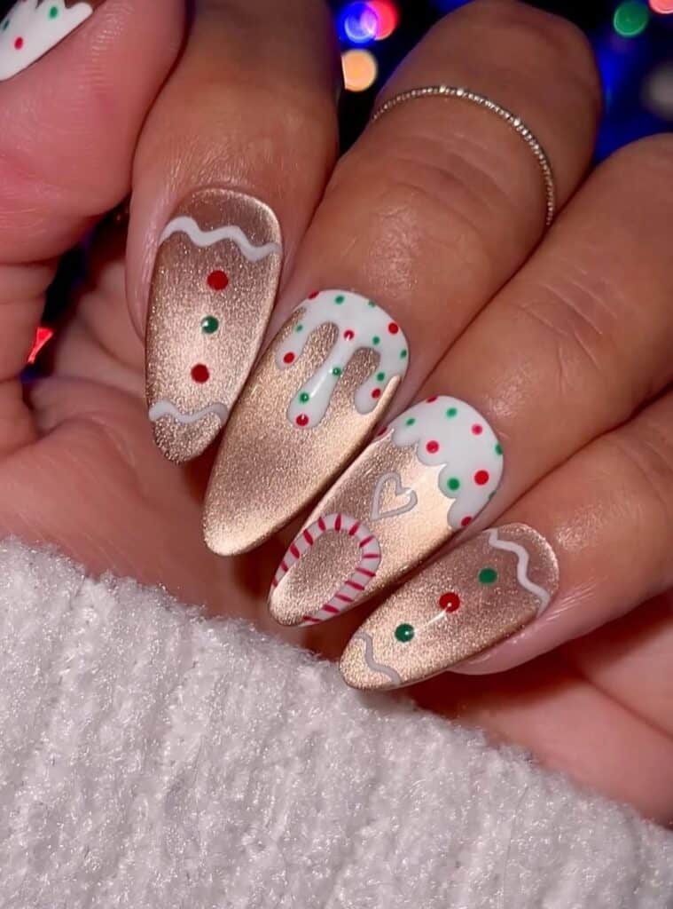 4 Gold Chrome Almond Gingerbread warm gold chrome holiday glitter nails with a cozy festive glow